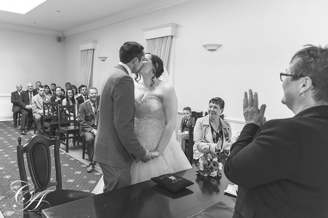 Bride and Grooms first kiss at the York Register Office.